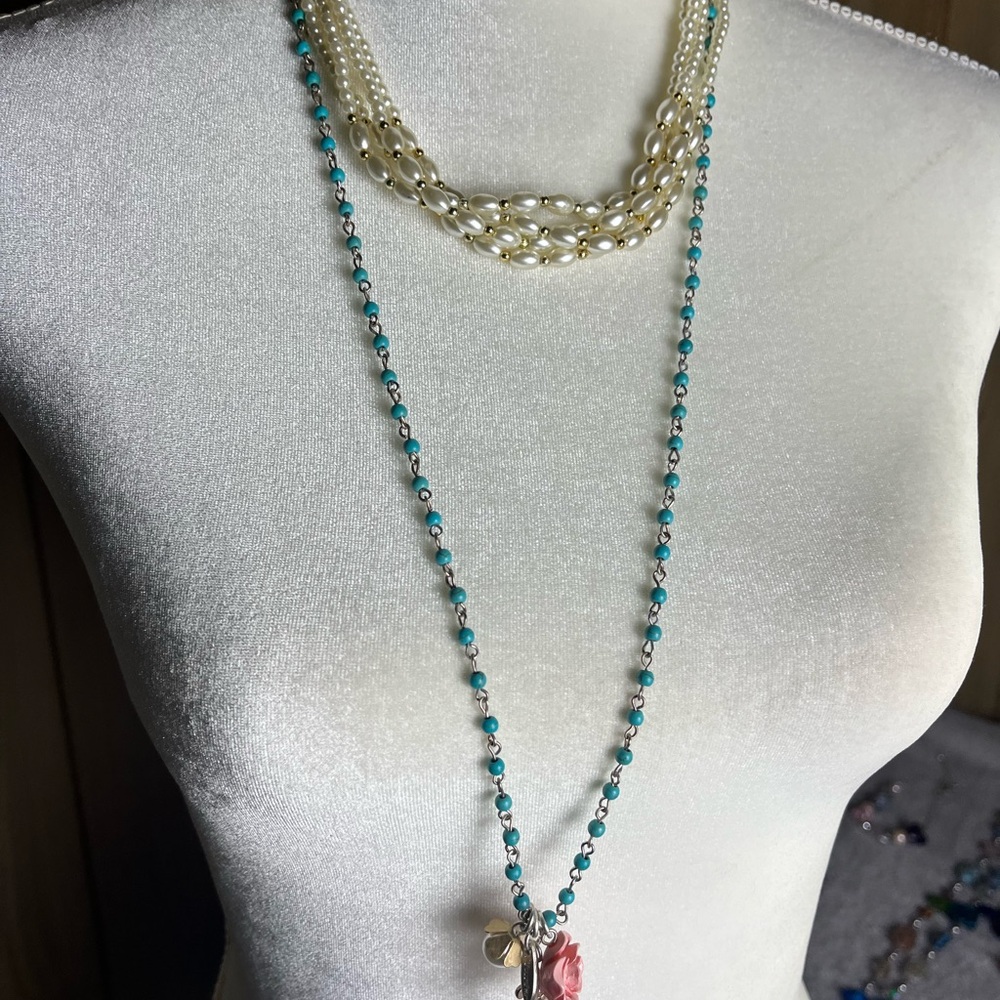 Women’s Multi-Color Beaded Necklace Set — Purple, Turquoise, Cream, Gold Accents - Picture 3 of 11